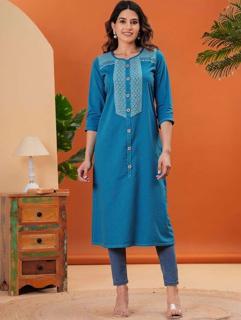 women solid with work three quarter sleeve a-line kurta