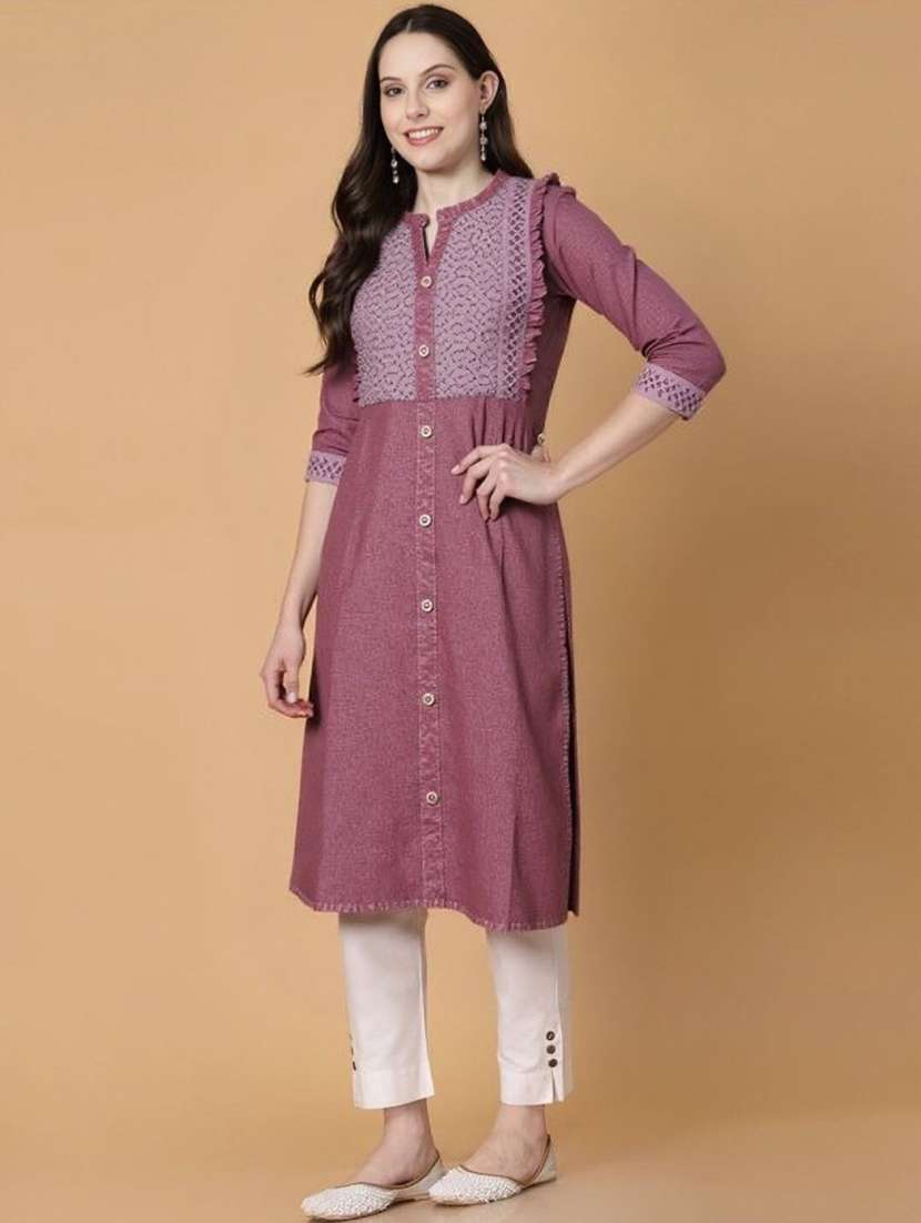 women solid with work three quarter sleeve a-line kurta - 22353198 -  Standard Image - 2