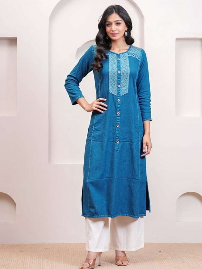 women solid with work three quarter sleeve a-line kurta