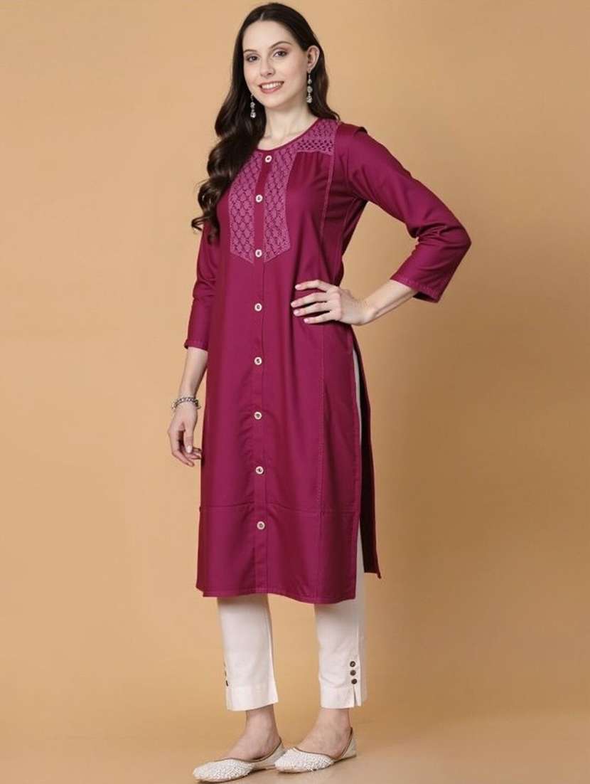 women solid with work three quarter sleeve a-line kurta - 22353224 -  Standard Image - 2