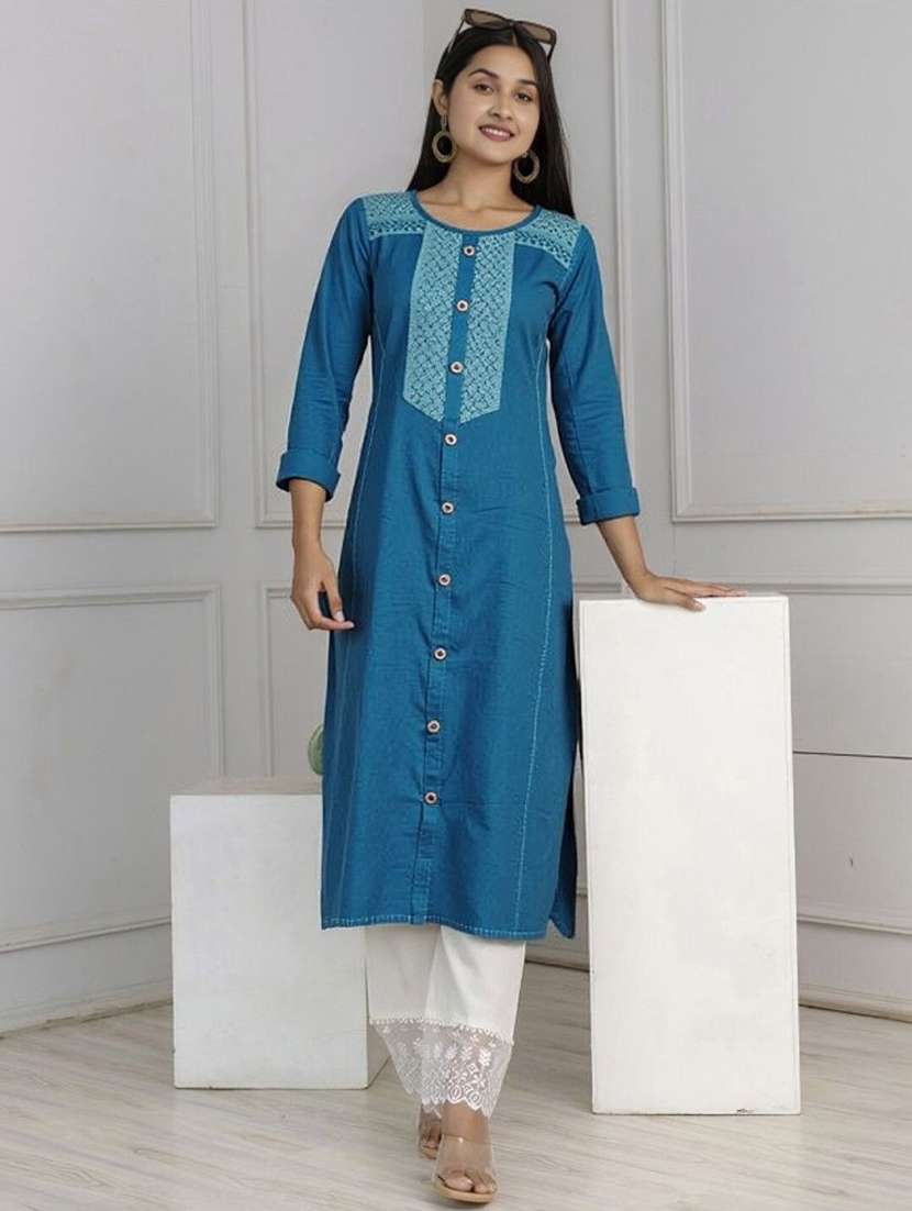 women solid with work three quarter sleeve a-line kurta