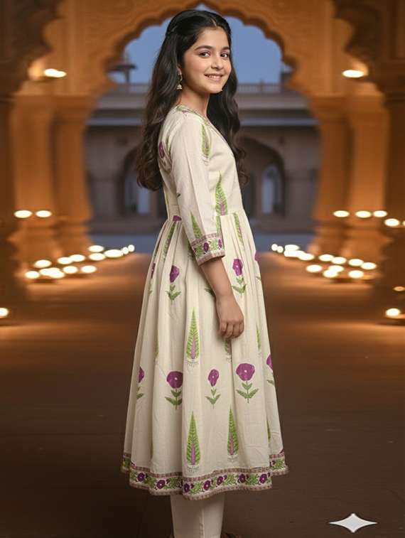 Women Printed Three Quarter Sleeve Flared Kurta - 22353382 -  Standard Image - 2