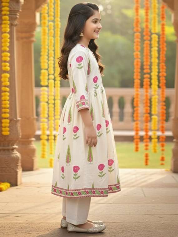 women printed three quarter sleeve flared kurta - 22353390 -  Standard Image - 2
