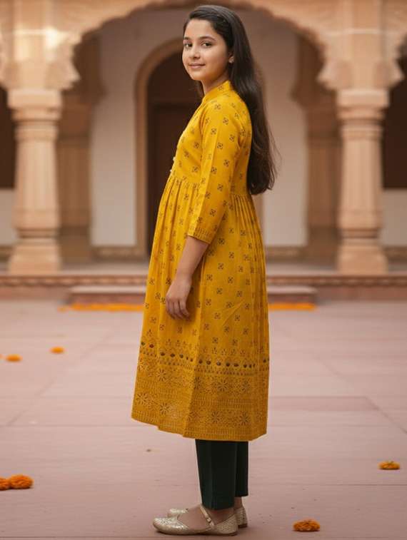 women printed three quarter sleeve flared kurta - 22353401 -  Standard Image - 2