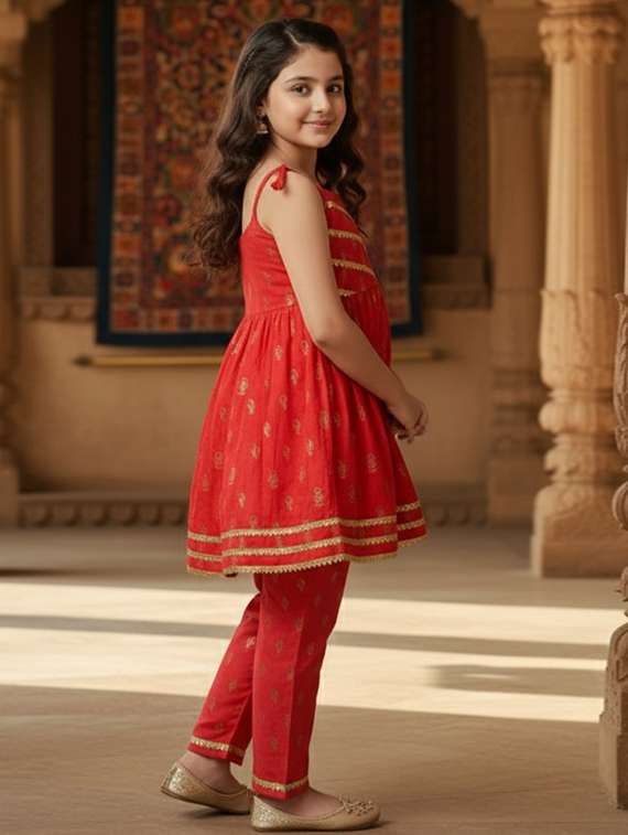 girls printed sleeveless kurta and pant set - 22353413 -  Standard Image - 2