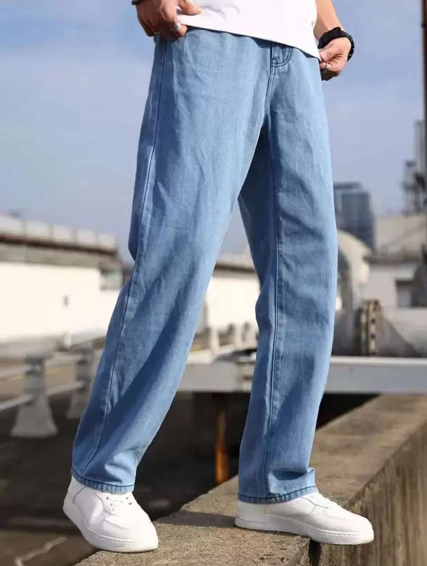 men plain mid rise full length jeans