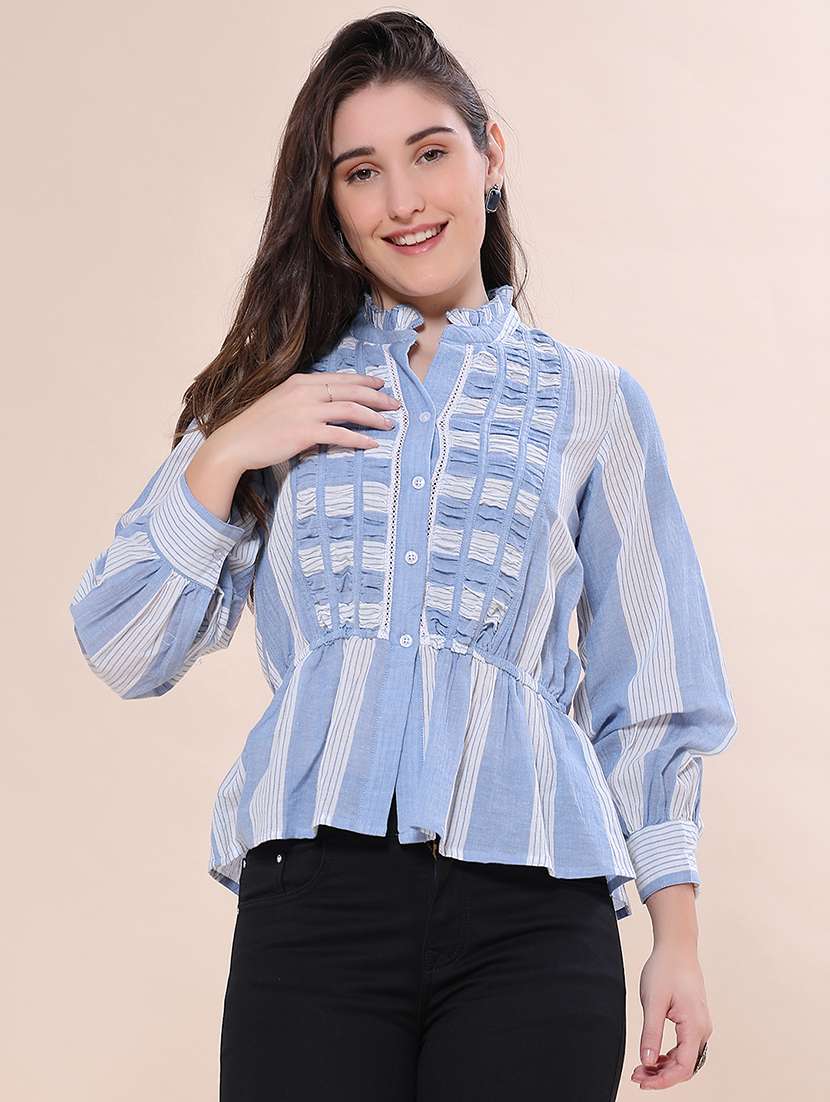 women printed bishop sleeves peplum top