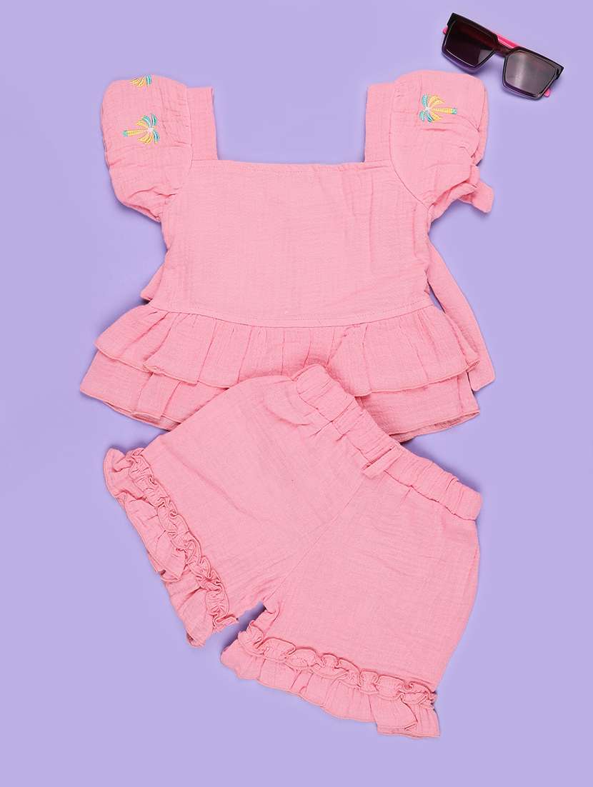 Girls Embroidered Ruffle Sleeves Top And Shorts Set - 22353942 -  Standard Image - 2
