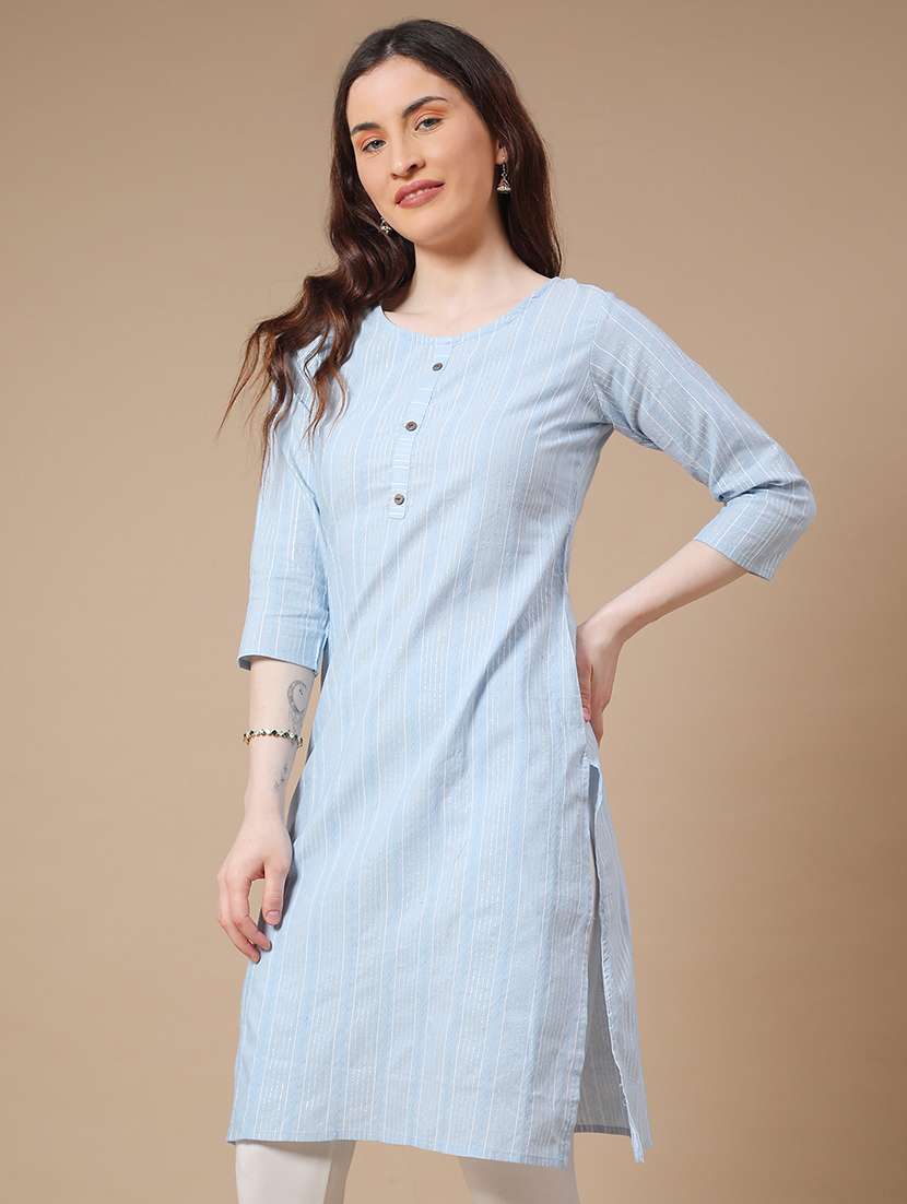 women light blue cotton straight kurta - 22353999 -  Standard Image - 2