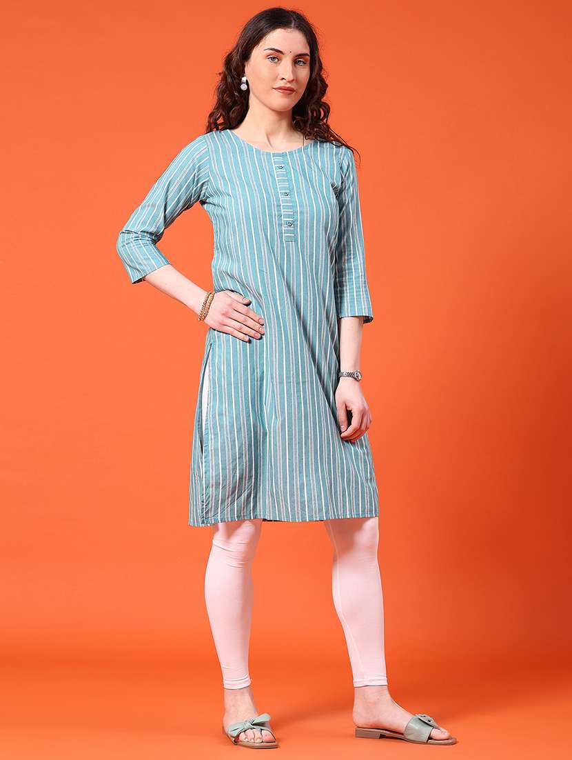 women striped three quarter sleeve straight kurta - 22354002 -  Standard Image - 2