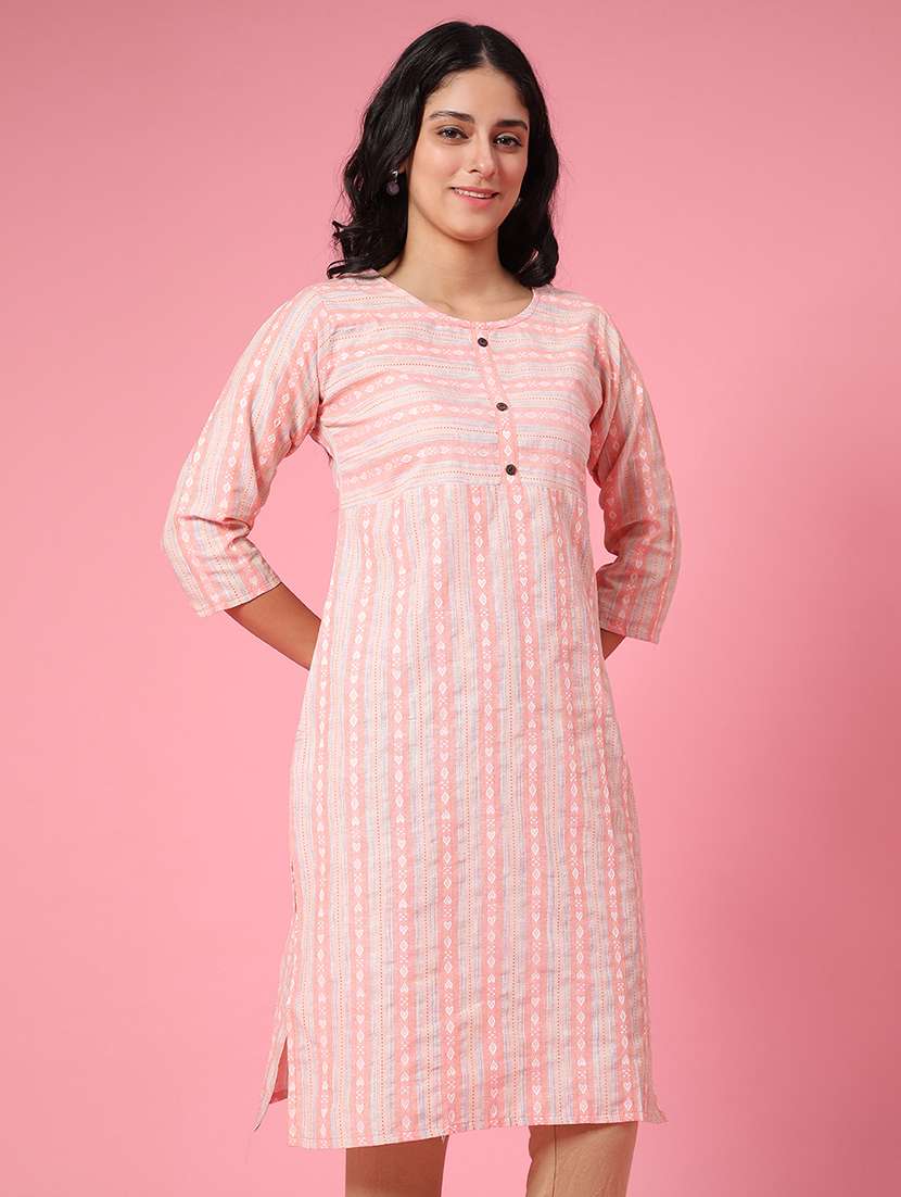women peach cotton straight kurta - 22354004 -  Standard Image - 2
