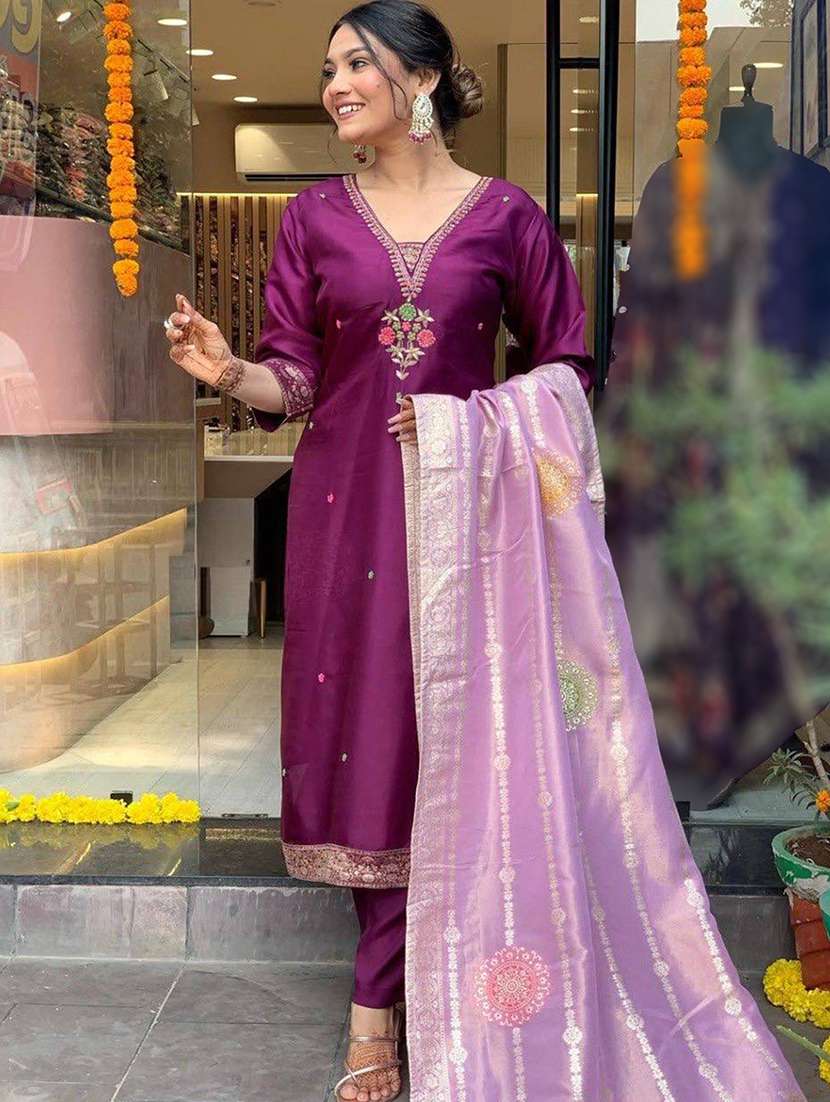 women solid with work three quarter sleeve kurta pant with dupatta set - 22354328 -  Standard Image - 2