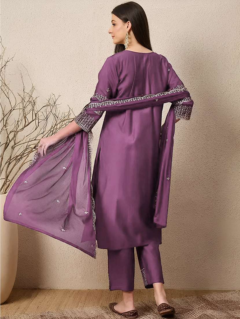 women solid with work three quarter sleeve kurta pant with dupatta set - 22354331 -  Standard Image - 2