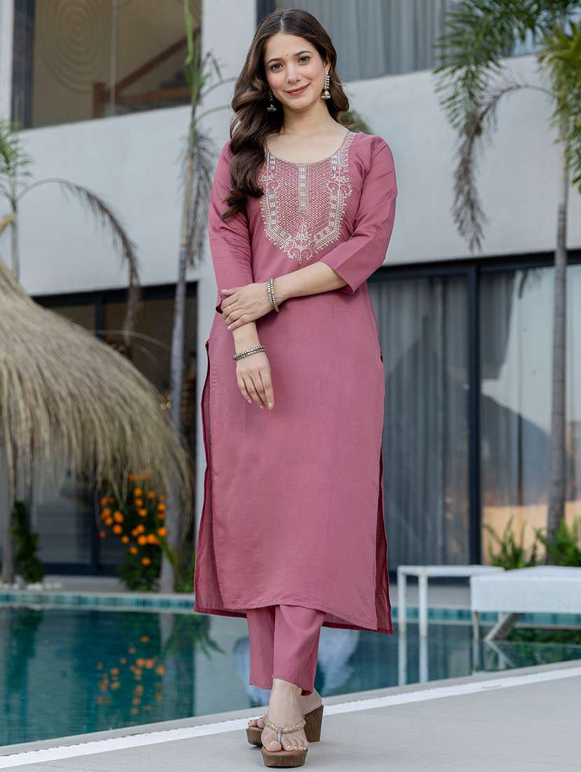 women solid with work three quarter sleeve kurta pant with dupatta set - 22354333 -  Standard Image - 2