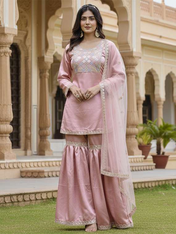 women solid with work kurta sharara with dupatta set