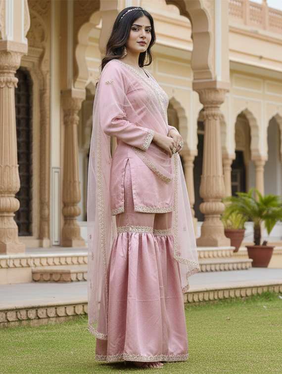 Women Solid With Work Kurta Sharara With Dupatta Set - 22354522 -  Standard Image - 2