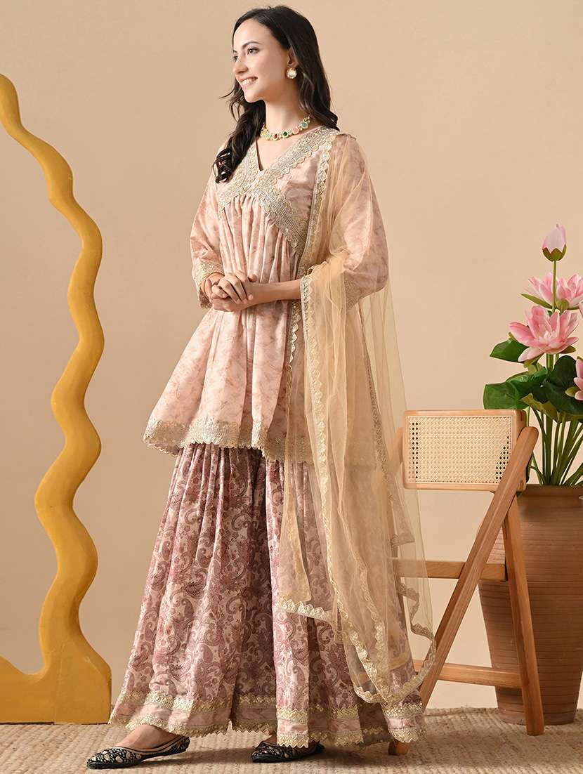 women three quarter sleeve kurta sharara with dupatta set - 22354524 -  Standard Image - 2