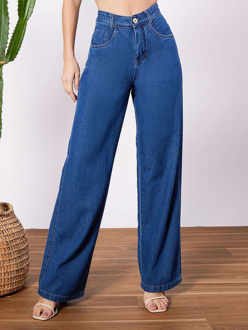 women solid high rise wide leg jeans