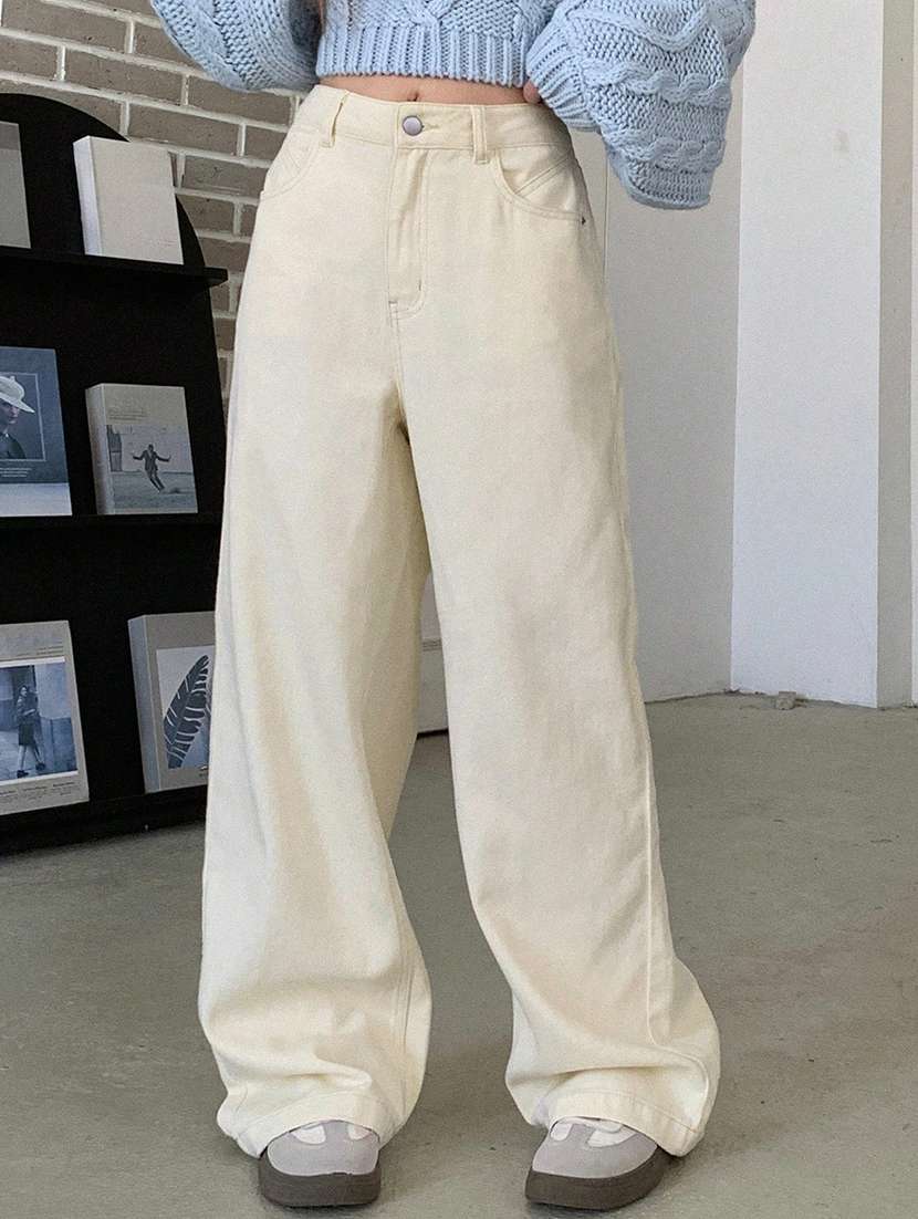 women solid high rise baggy jeans