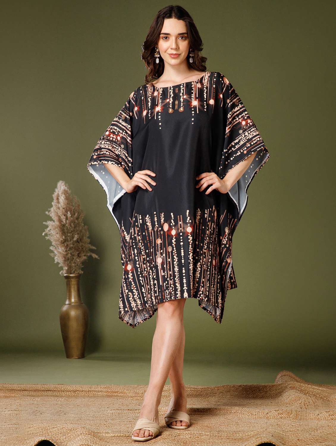 women printed kimono sleeve kaftan dress
