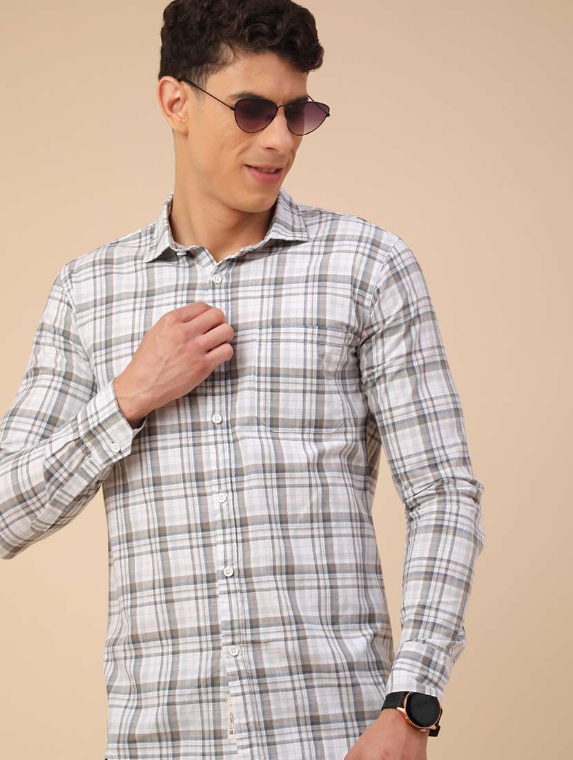 men checkered long sleeve slim fit casual shirt
