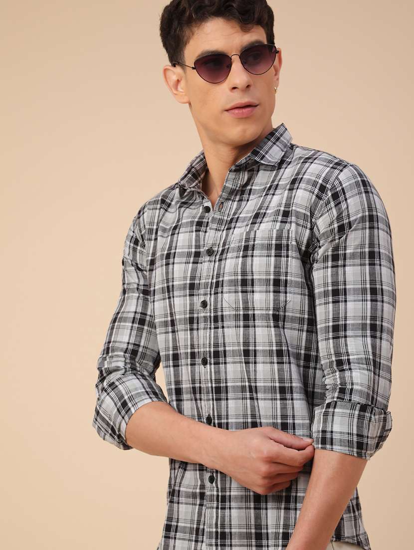 men checkered long sleeve slim fit casual shirt