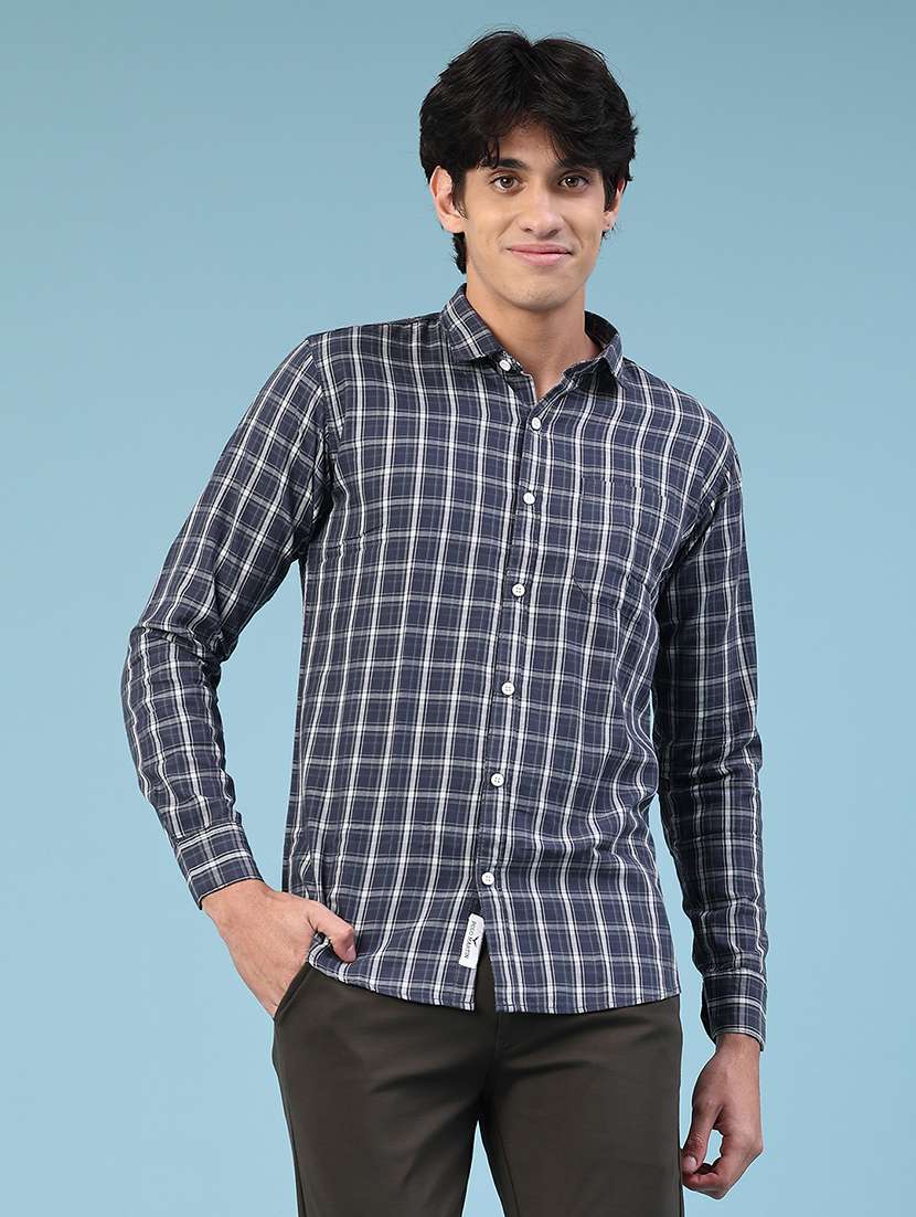 men checkered long sleeve slim fit casual shirt