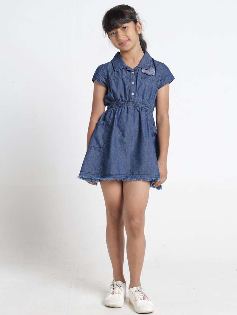 girls solid collared denim fit & flare dress - 22356436 -  Standard Image - 2