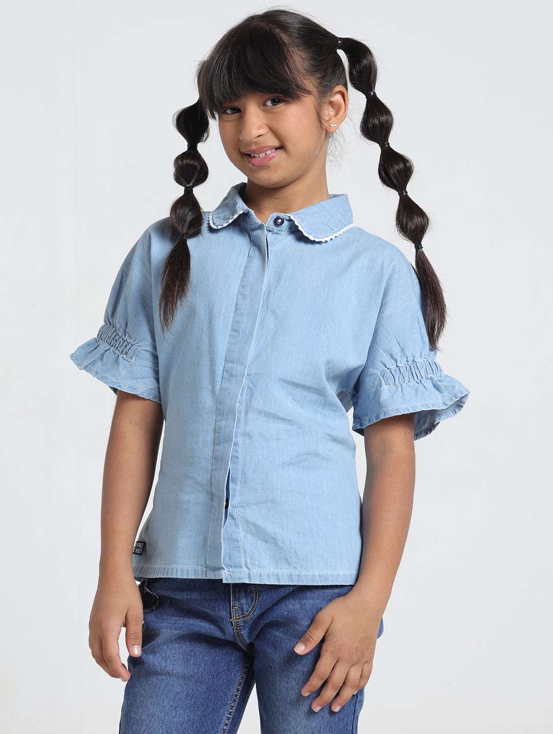 girls solid collared denim shirt top - 22356441 -  Standard Image - 2