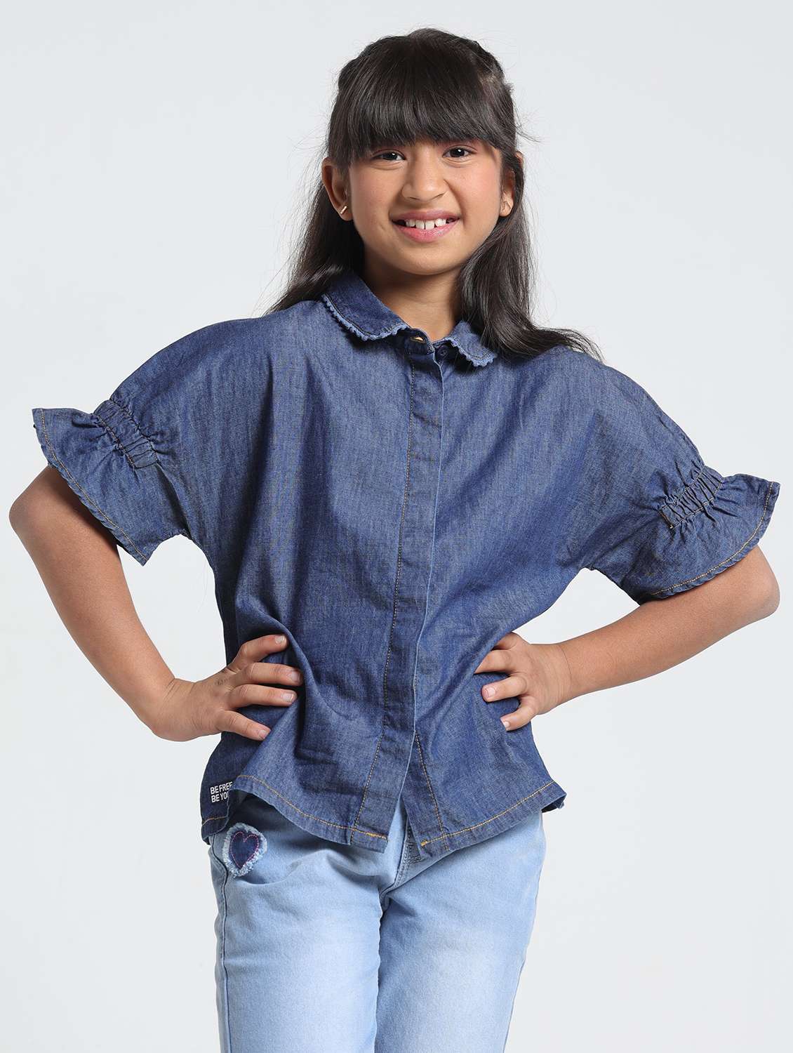 girls solid collared short sleeve denim shirt top - 22356452 -  Standard Image - 2