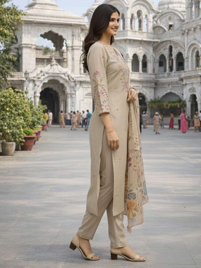women solid with work three quarter sleeve kurta pant with dupatta set - 22357044 -  Standard Image - 2