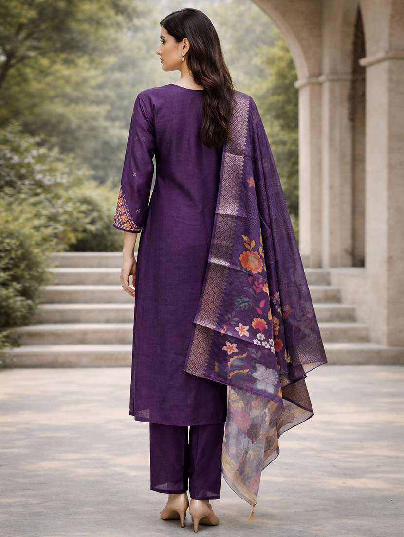 women solid with work three quarter sleeve kurta pant with dupatta set - 22357047 -  Standard Image - 2