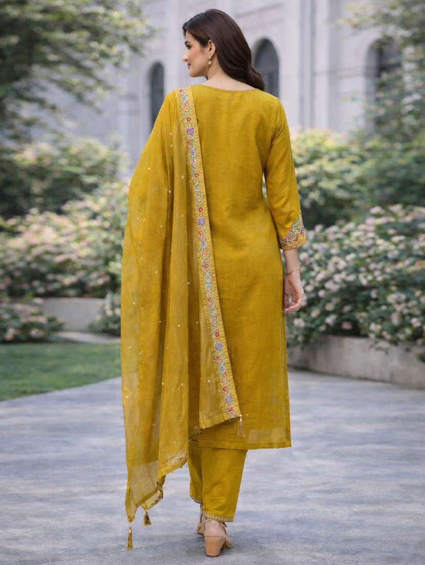 women solid with work three quarter sleeve kurta pant with dupatta set - 22357050 -  Standard Image - 2