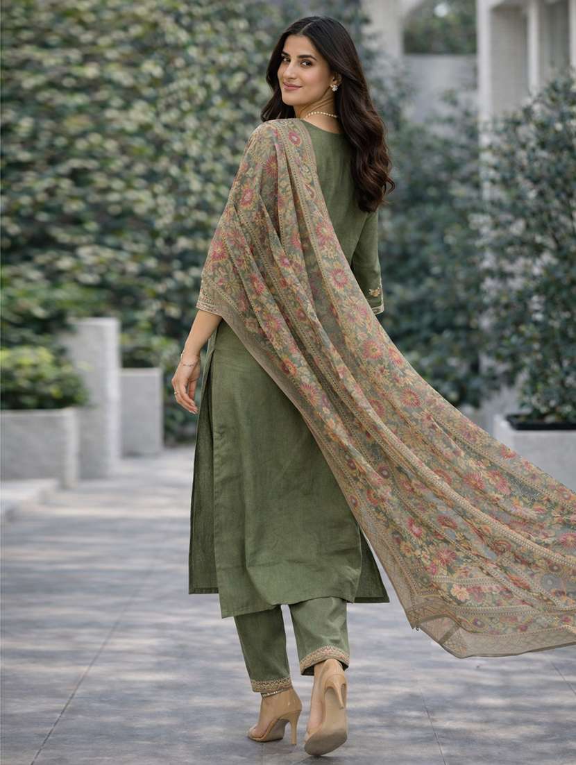 women solid with work three quarter sleeve kurta pant with dupatta set - 22357054 -  Standard Image - 2