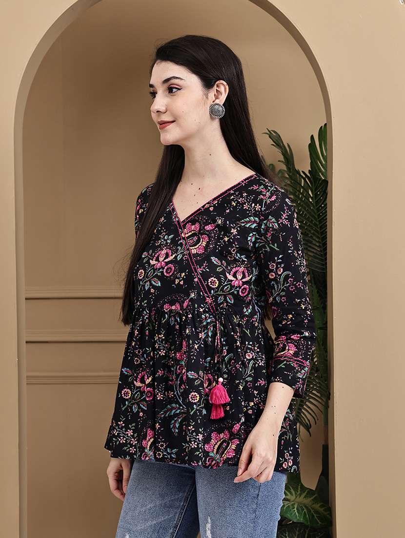 women floral three quarter sleeve ethnic top - 22357920 -  Standard Image - 2