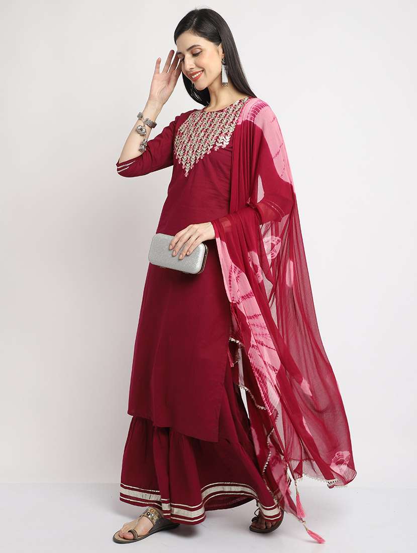 women solid with work three quarter sleeve kurta sharara with dupatta set