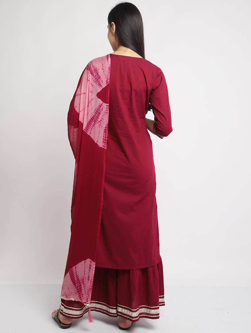 women solid with work three quarter sleeve kurta sharara with dupatta set - 22357927 -  Standard Image - 2