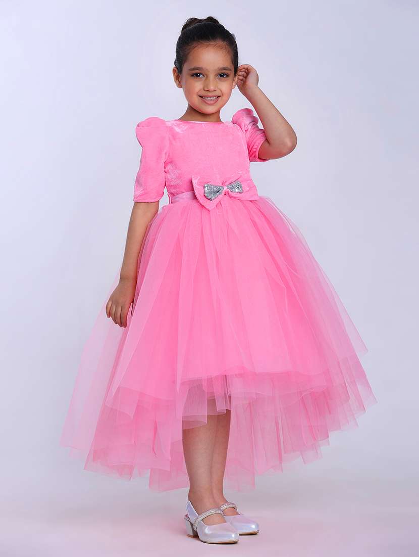 girls self designed puff sleeve high low dress