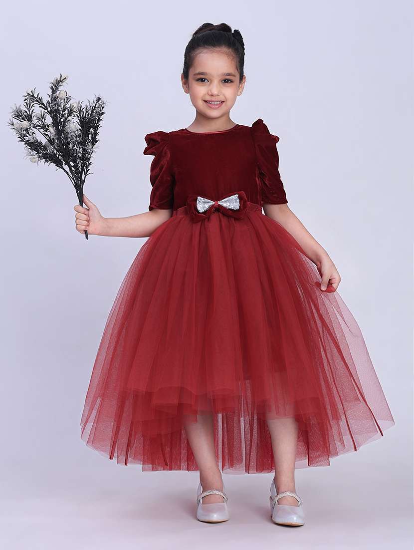 girls self designed puff sleeve high low dress