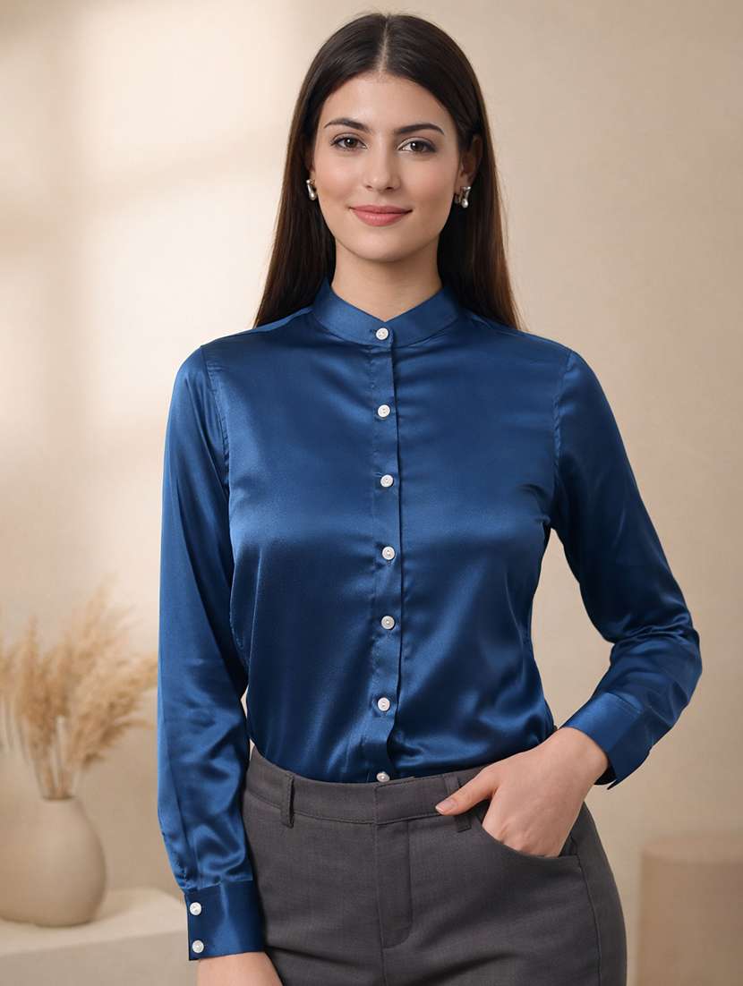 women solid mandarin neck long sleeve shirt