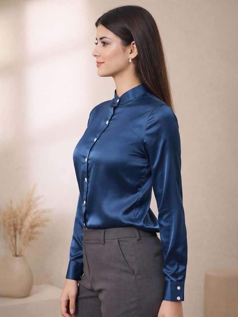 women solid mandarin neck long sleeve shirt - 22357993 -  Standard Image - 2