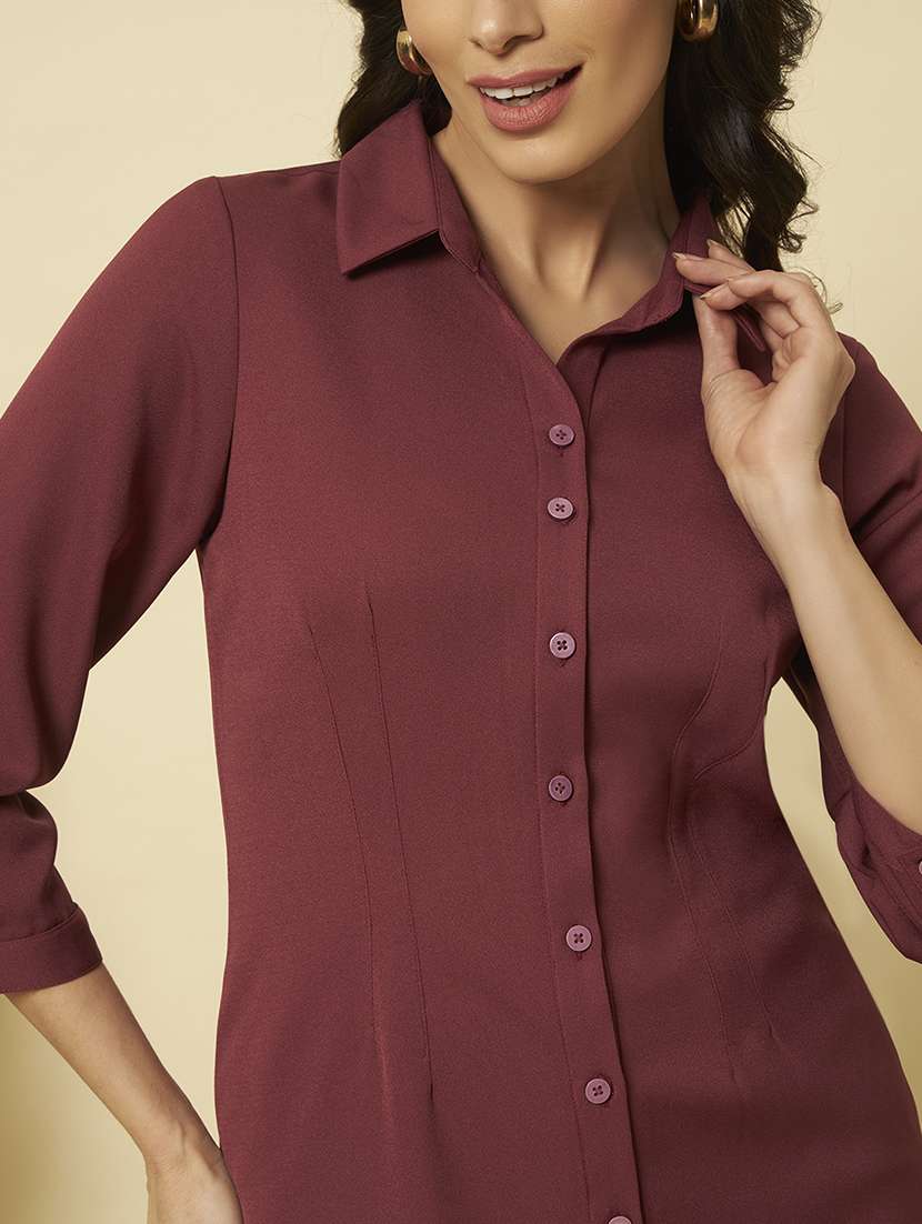 women solid collared three quarter sleeve shirt - 22357999 -  Standard Image - 2