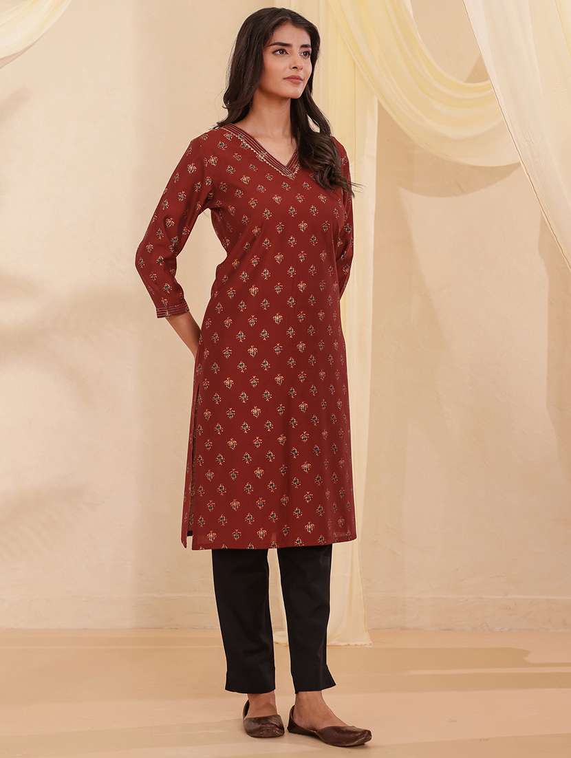 women printed three quarter sleeve straight kurta - 22358081 -  Standard Image - 2