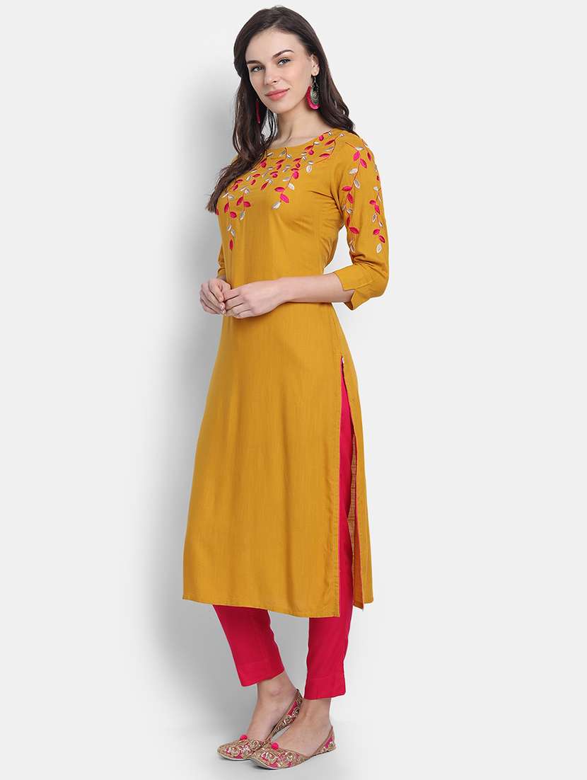 women solid with work three quarter sleeve straight kurta - 22358083 -  Standard Image - 2