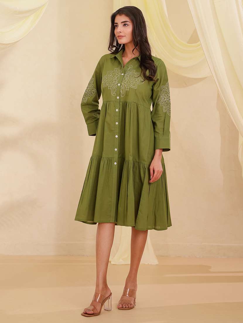 women solid with work three quarter sleeve tiered ethnic dress