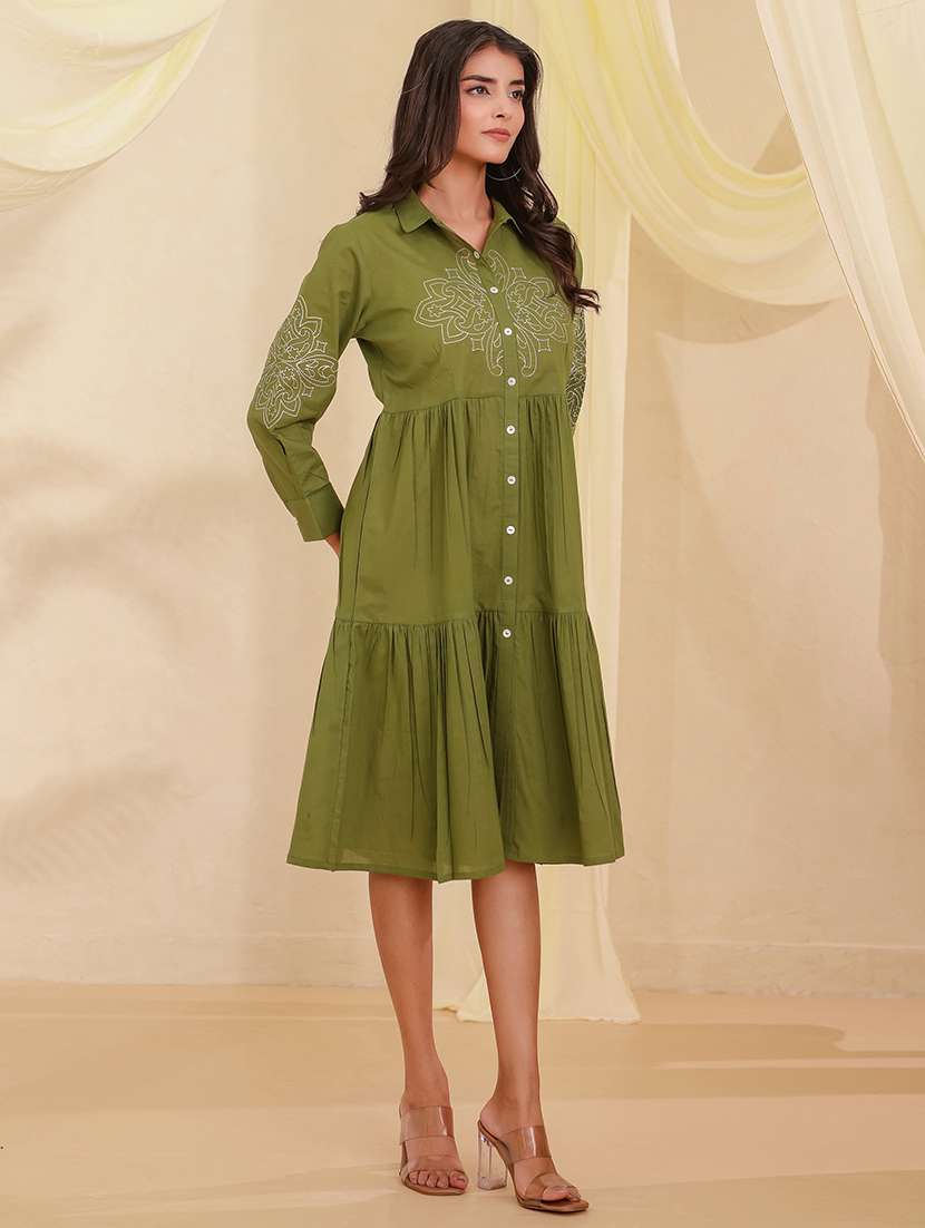 women solid with work three quarter sleeve tiered ethnic dress - 22358143 -  Standard Image - 2