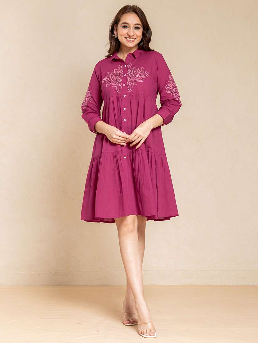 women solid with work three quarter sleeve tiered ethnic dress