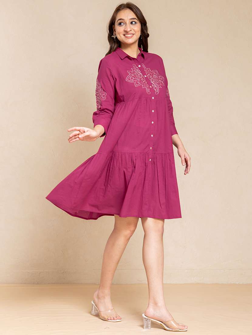 women solid with work three quarter sleeve tiered ethnic dress - 22358144 -  Standard Image - 2
