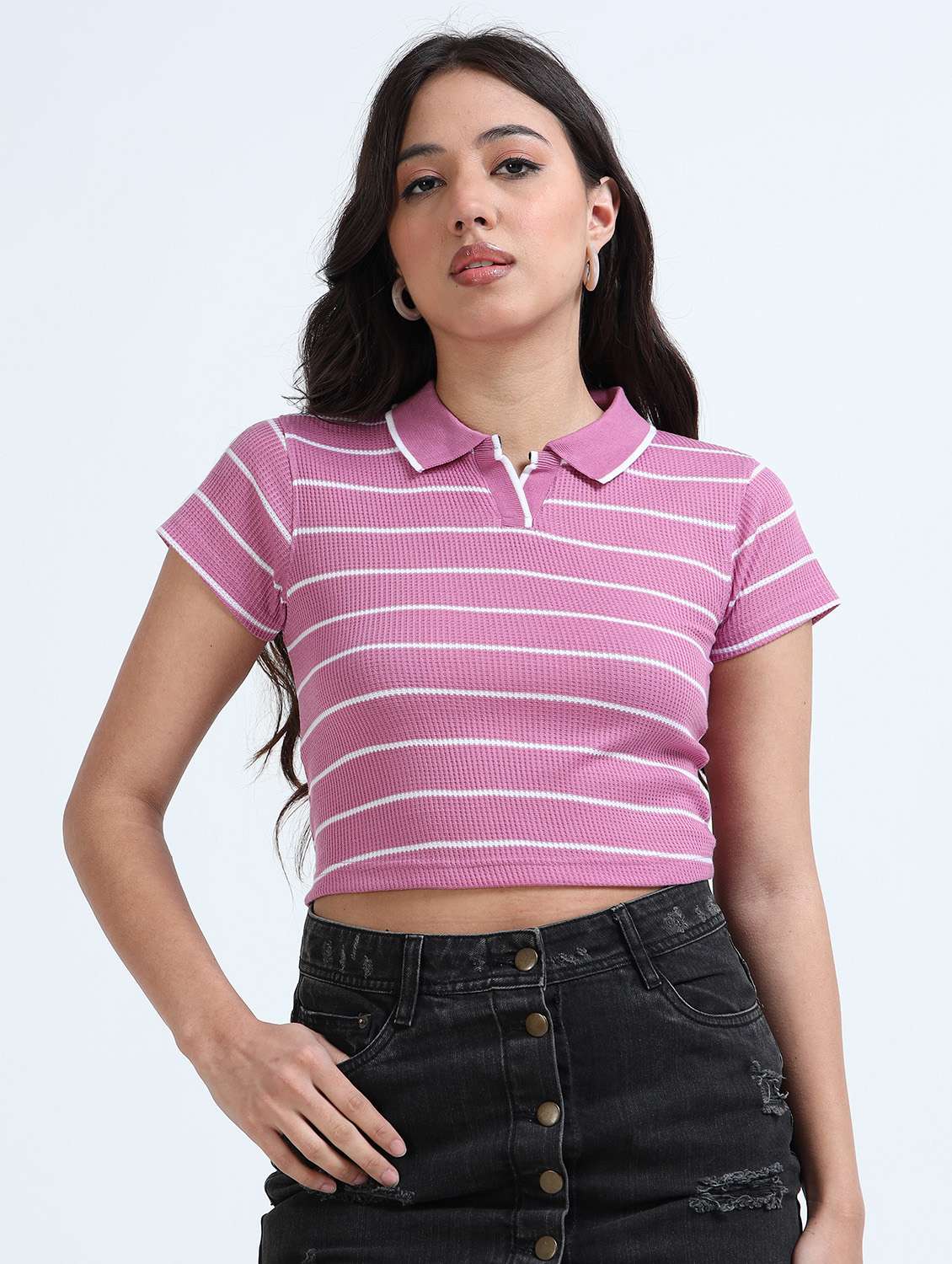 women striped short sleeve crop polo t-shirt