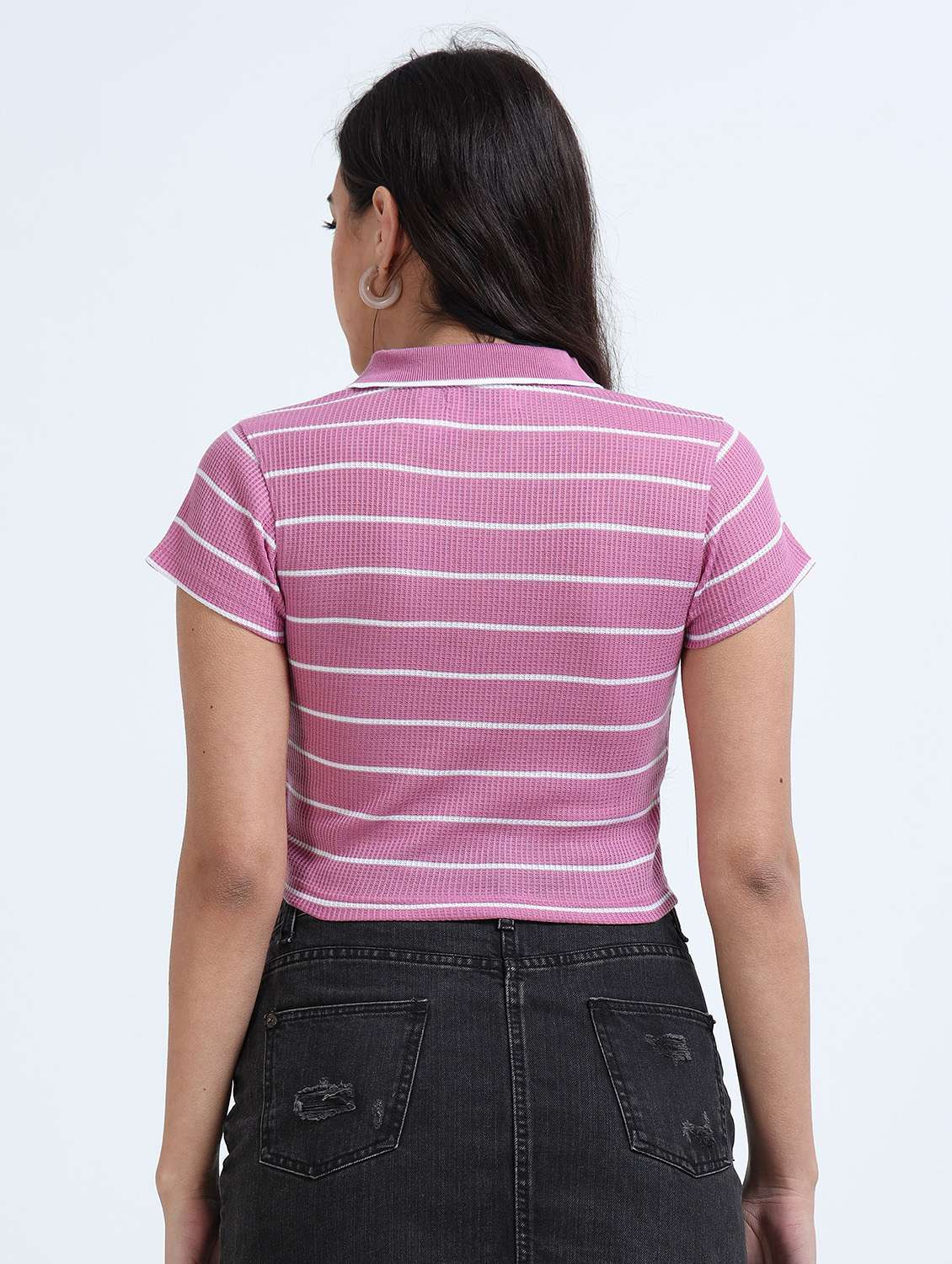 women striped short sleeve crop polo t-shirt - 22358148 -  Standard Image - 2